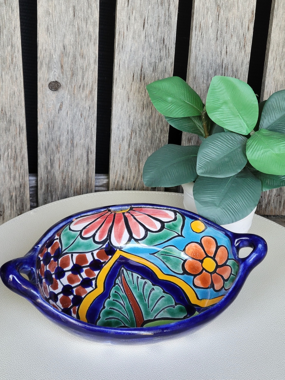 Hand-Painted Signed Talavera Oval Handled Relish Boat - Blue Floral